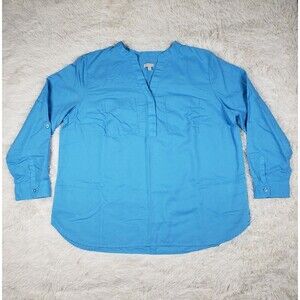 Talbots Women's Top Blouse Linen Blend Long Sleeve Blue Split Neck Size 2X